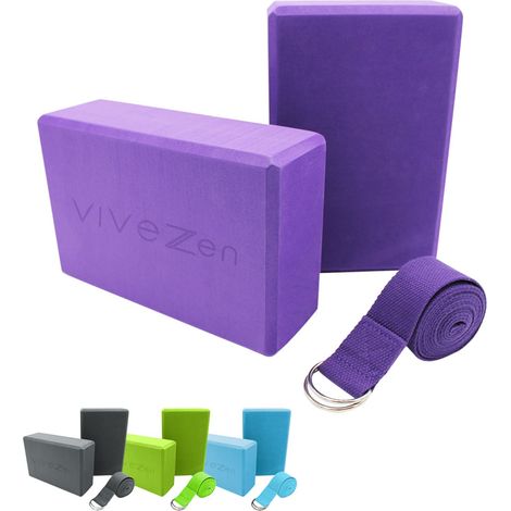 Lot de 2 briques de yoga 23 x 15 x 7,5 cm et sangle de yoga 183 x 3,8 cm - EVA - Violet - Vivezen