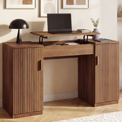 Escritorio con tablero elevable de 140 x 50 cm <>, 2 puertas con listones de madera con efecto nogal (1/5)