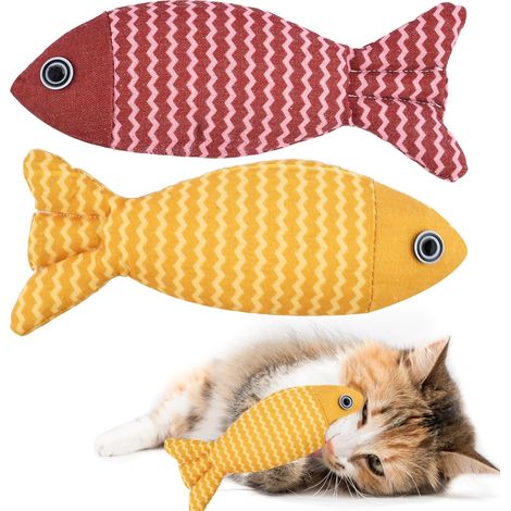 Lot de 2 jouets interactifs pour chats – EINNENFFER – Poissons à mâcher résistants, herbe à chat incluse, stimulation, dentition et jeu, rouge/jaune (1/5)