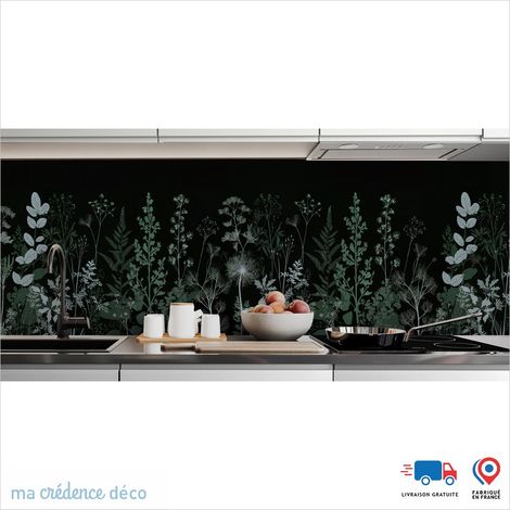 Crédence : Dessin et fleurs sauvages noires 2 - Couleur Vert jaune - Alu composite - 60 - 120 (1/3)