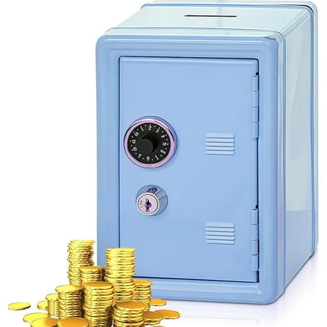 Tirelire coffre-fort mini métal 2 clés H:18 cm L:12 cm l:9,5 cm boîte à monnaie bleu (1/4)