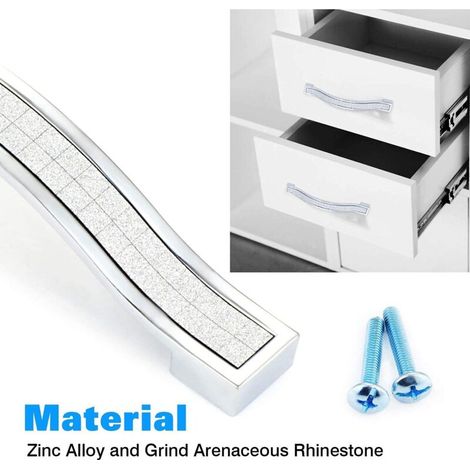 Lot de 5 poignées de tiroir en alliage strass cristal pour commode armoire de cuisine placard, Silver, 128MM-5PCS (1/3)