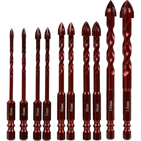 10 punte da trapano in carburo di tungsteno, autofilettanti per metallo, punte trasversali per piastrelle in ceramica, cemento, muri in mattoni, vetro, muratura, plastica e legno, 3/4/5/6/8/10/12 mm (1/5)