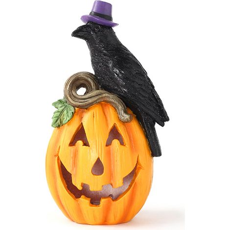Décoration Halloween Citrouille Effrayante Chapeau Violet Corbeau Visage Lumineux Artisanal pour Maison Bureau Jardin (1/5)