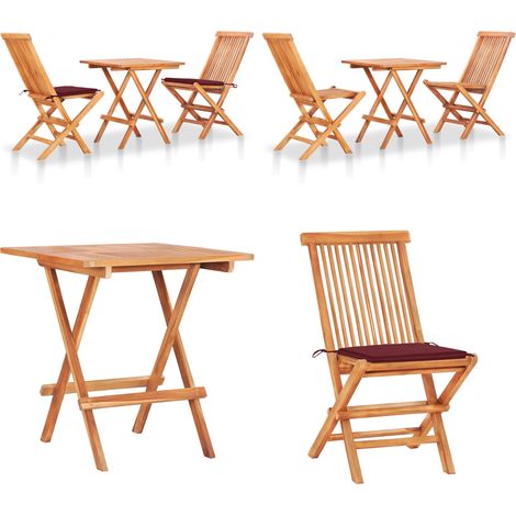 3-tlg. Bistroset mit Weinroten Kissen Massivholz Teak - Holz-Bistroset - Teakholzmöbel - Gartenmöbel - Outdoor-Möbel - Balkonmöbel - Home & Living
