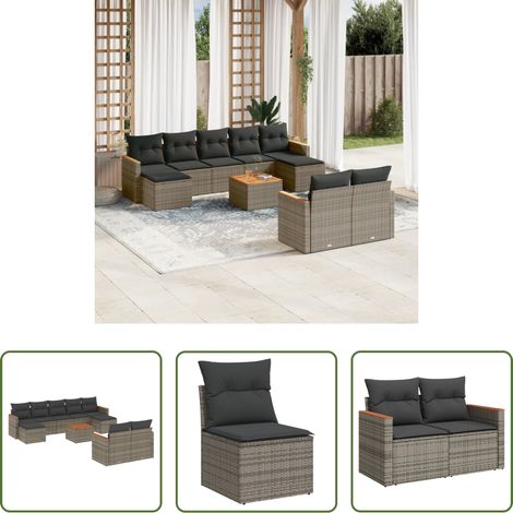 vidaXL Canapé avec accoudoirs - Salon de jardin avec coussins 10 pcs gris résine tressée (1/5)