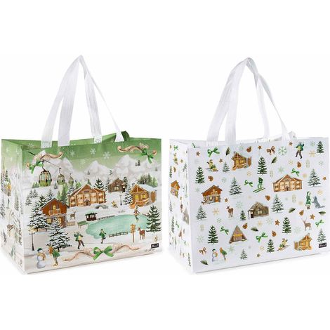 Borse in tessuto non tessuto con stampa villaggio natalizio, set da 16 pezzi, cm 32x17x25 H (con manici 40)