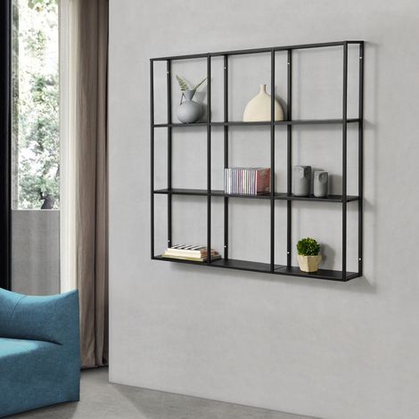 Scaffale da Parete Jelsa in Ferro Libreria Sospesa con 9 Scomparti 100x18x110 cm Nero [en.casa] (1/4)