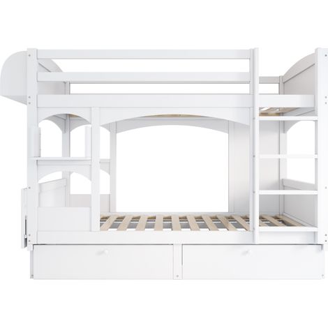 Lit superposé enfant 90x200 blanc avec bureau rabattable, étagère et 2 tiroirs (1/5)