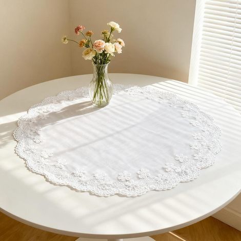 Rundes Deckchen 60 cm Beige mit Blüten-Spitze und Stickerei