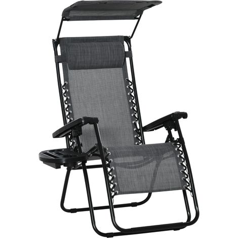 Foldable Reclining Garden Chair with Headrest, Zero Gravity Deck Sun Lounger Seat Chair with Footrest, Armrest, Cup Holder & Canopy Shade, Light Grey (1/5)