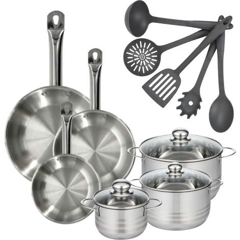 Set 3 poêles 20, 24 et 28 cm en inox, 3 faitouts inox 16, 20 et 24 cm et 5 ustensiles Fackelmann Eterna (1/5)