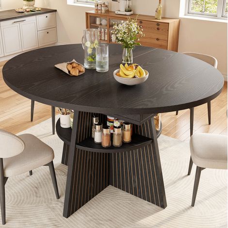MODFU – Table extensible 110-150x110x76 cm MDF/métal noir – Ronde ou longue – Rangement ouvert – Jusqu'à 8 pers. – Noir (1/5)