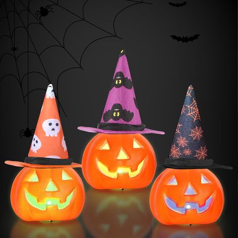 Bougies LED pour Halloween, 3 Pièces Décorations d'halloween Horreur Citrouille avec LED Colorées et 3 Chapeaux de Sorcière, Décoration de Table pour l'intérieur et Extérieur (1/5)