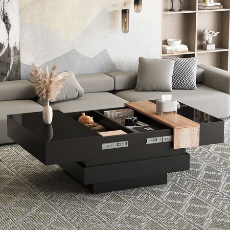 MODFU - Tavolino quadrato 70 x 70 x 39 cm, piano scorrevole, vano portaoggetti nascosto, MDF nero lucido (1/5)