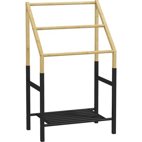 Porte-serviettes sur pied en bambou et acier 3 barres avec étagère 51x31x85.5 cm noir et bois (1/5)