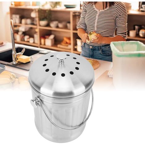 Bac à compost rond en acier inoxydable pour la maison, boîte à compost, bac de recyclage des aliments avec couche anti-odeurs, poubelle à déchets de cuisine, poubelle à eaux usées résistante à l'humid (1/5)