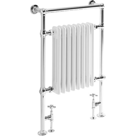 Milano Elizabeth 930mm x 620mm Floorstanding Chrome and White Dual Fuel Electric Heated Towel Rail Radiator with Angled Valves - Heated Towel Rail & Valves Only (1/5)