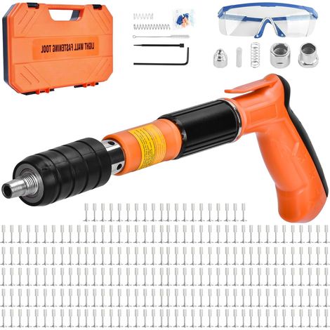 Manual Nail Gun with 220 Round Nails, 5 Gears Nail Gun Tool, Portable Steel Nail Gun, Adjustable Steel Nail Gun for Cement Wall, Household Tool with Glasses, Earplugs,orange