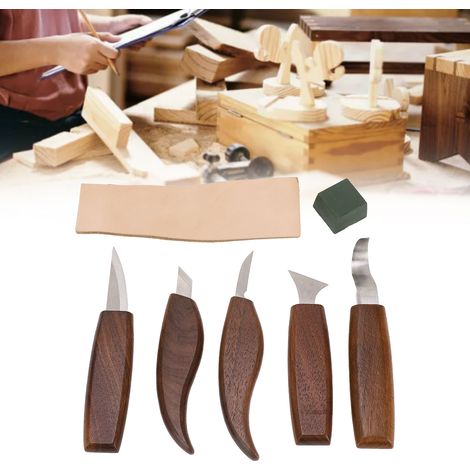 Couteau à sculpter le bois de noyer, manche plat, couteau à racler et à dégrossir, gouge, couteau courbe, couteau droit, kit de sculpture à la main, outils de travail du bois (1/5)