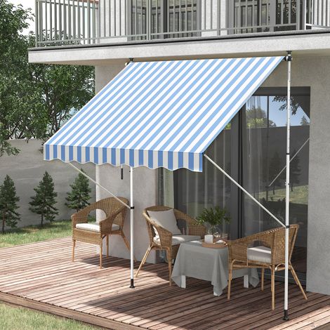 Store banne à fixation par pince avec manivelle, réglable en hauteur, à bras articulés, résistant aux salissures et aux intempéries, pour balcon, 150 cm de large, terrasse, balcon ou véranda, bleu et 