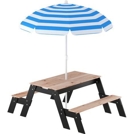 Table de pique-nique enfant avec ombrelle, 3-en-1 meuble de jardin en bois pour enfants 3-6 ans incluant 2 coffres, couleur naturelle (1/5)