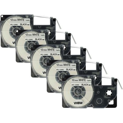 vhbw 5x Label Tape Replacement for Casio XR-12WE, XR-12WE1 for Label Printer 8m x 12 mm, Black on White (1/4)