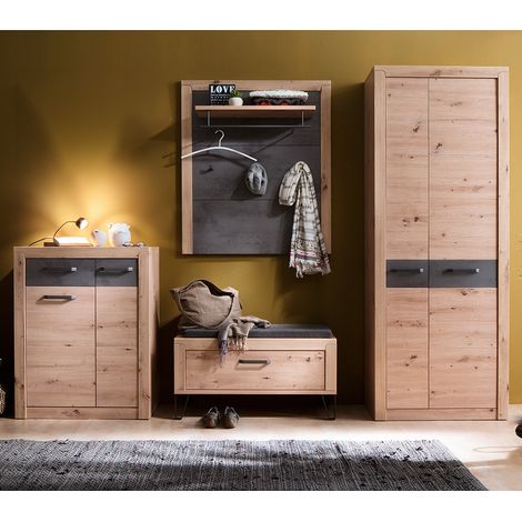 Garderoben Set mit Garderobenpaneel Eiche mit grau IOLA-05, 4-teilig (1/5)