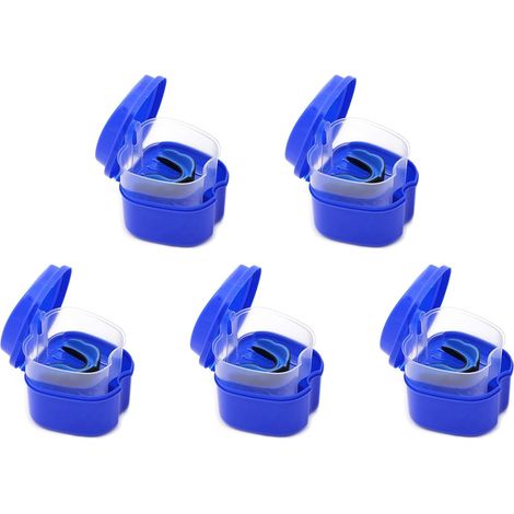 5X Bleu Foncé Cas de Dentier, Coupe de ProthèSe avec Passoire, BoîTe de Bain de ProthèSe Fausses Dents BoîTe de Rangement avec Basket Net Porte-Conteneurs pour (1/5)