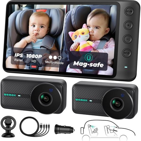 WEMOH Magnetische Dual-Baby-Autokamera für Zwei Kinder, 1080P IPS-Display mit Magnethalterung, 3 Modi (Zoom/Spiegel/Teilen), Automatische Nachtsicht, USB-betriebene Autokamera für Babys, rückwärts (1/5)