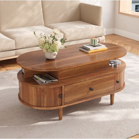 MODFU – Tavolino sollevabile 105x50x60,5 cm in MDF con vano contenitore, cassetto e ante scorrevoli, carico 40 kg – Noce (1/5)