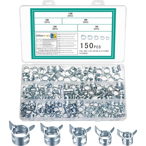 150 Pièces Colliers de Serrage à Ressort, Clips à Ressort Tuyau Serre-Joints à Tuyaux Ajustable Colliers de Clip à Ressort pour Tuyau Durites(Argent,6mm/7mm/8mm/9mm/10mm) (1/5)