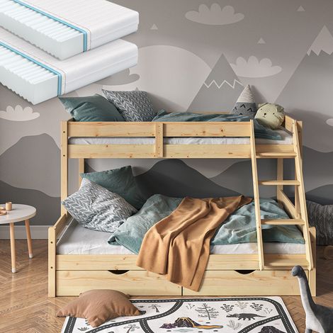 Letto a castello Everest, Legno, 140x200 / 90x200 cm con 2 materassi e 2 cassetti, Vitalispa