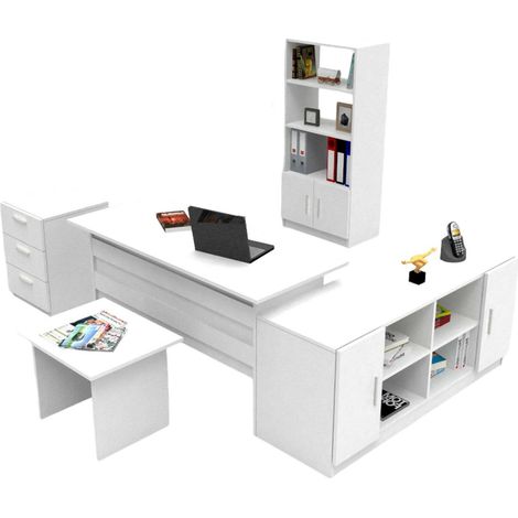 Set da Ufficio Hilda, 4 Ripiani, 3 Cassetti, Modulabile, Bianco