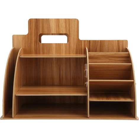 Organisateur de bureau en bois pour cosmétiques et fournitures, rangement innovant pour espace de travail, couleur cerisier. (1/5)