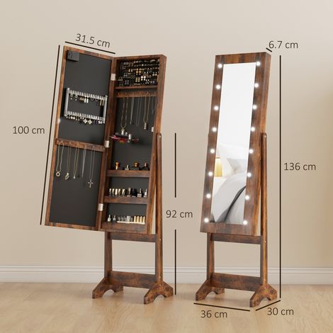 Meuble à bijoux avec miroir réglable et lampe LED, 36x30x136cm, marron rustique. (1/5)