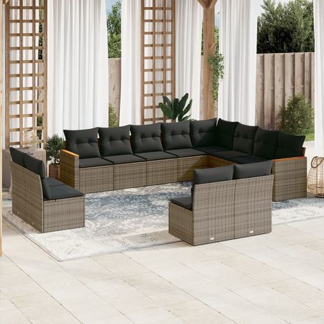 Ensemble de salon de jardin modulaire, 12 places, gris, résine tressée, sièges avec rangement et coussins amovibles (1/5)