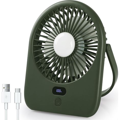 USB Ventilateur, Mini Ventilateur de Bureau USB 1200 mAh avec Lumière LED,Petit Ventilateur Silencieux,5 Vitesses, Rotation à 180°,Idéal pour Bureau/Camping/Pique-niques/Voyages,Vert