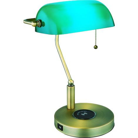 Lampada da scrivania lampada da banchiere lampada da tavolo ottone vecchio vetro verde, porta USB per ricarica wireless, interruttore a tirante, telecomando, 1x LED RGB 4.8W 470Lm, LxH 26.5x36 cm