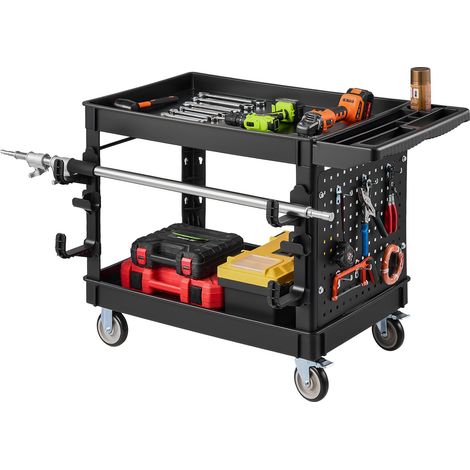 Chariot d'Atelier Max. 250 kg Chariot de Service avec Panneau Perforé, 2 Niveaux, en PP, 2 Roues Fixes et 2 Roulettes Pivotantes avec Freins, Plateaux de Rangement, pour Garage et Entrepôt, Noir (1/5)