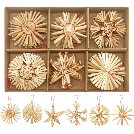 24 Stroh-Weihnachtsbaumschmuckstücke, 6 verschiedene 6 cm große Sternornamente zum Aufhängen, handgeflochtene Stroharbeiten (1/5)