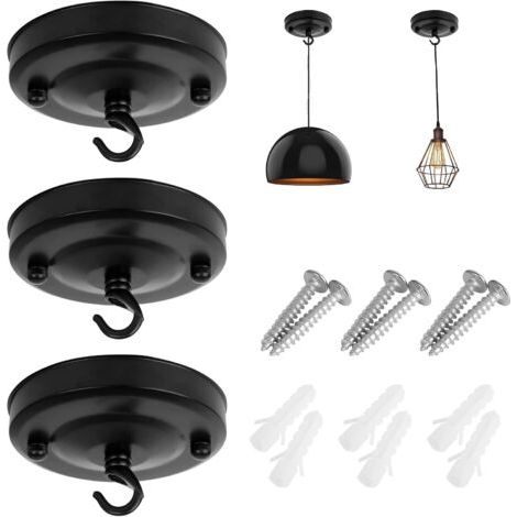 Crochet pour rosace de plafond, 3 plaques de plafond pour lustres/paniers de fleurs, plaques de plafond vintage avec vis assorties, supportant 10 kg (noir) (1/5)