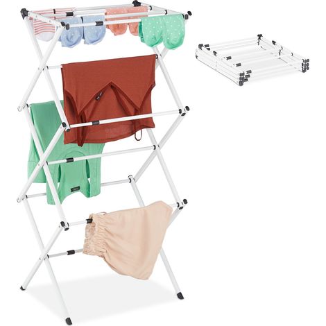 Relaxdays Laundry Stand, Foldable & Extendable Tower, 11 Rails, Space-saving Clothes Drying Rack, Metal, White