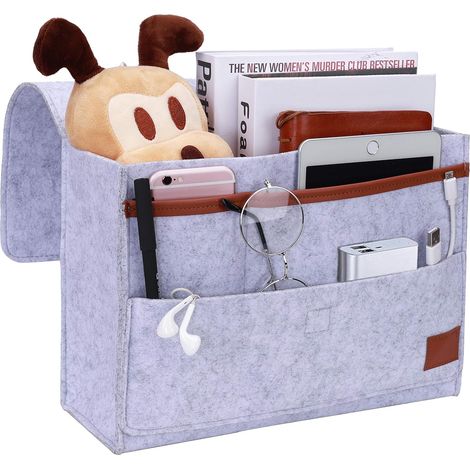 Organisateur de Caddie, Poche de Lit Caddie de Chevet en Feutre Bedside Pocket Sac de Rangement pour Téléphone, Télécommande, Journal, Stylo, Magazine, Lunnettes, Gris (1/5)