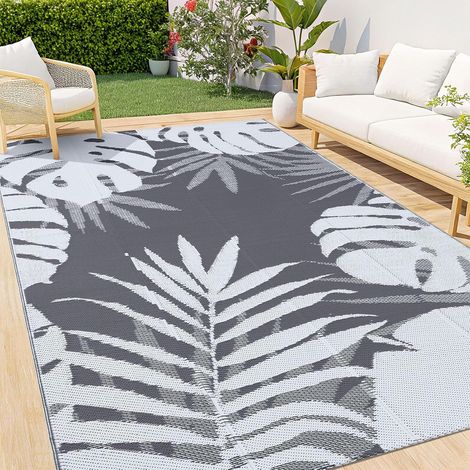 Tapis de plein air imperméable, antidérapant, réversible, en plastique, facile à nettoyer, pour camping, patio, plage, pique-nique, cour, 120 x 180 cm, blanc et gris (1/5)