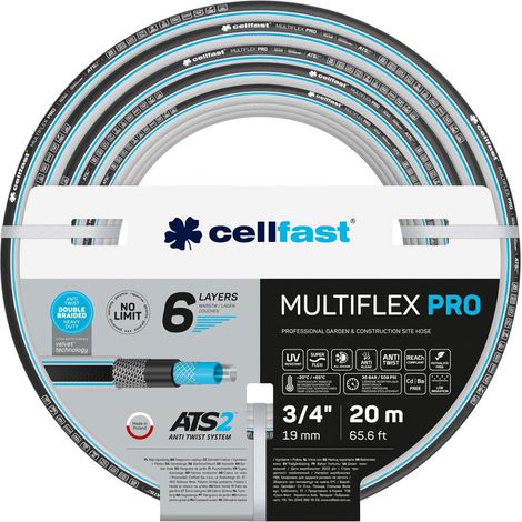 Cellfast Manguera de jardín MULTIFLEX PRO, Duradera de 6 Capas Trenzada ATS2, Resistente a los rayos UV y a las algas, sin metales pesados, Tecnología de terciopelo, 35 bar, -20/65 ° C a 3/4 pulgadas,