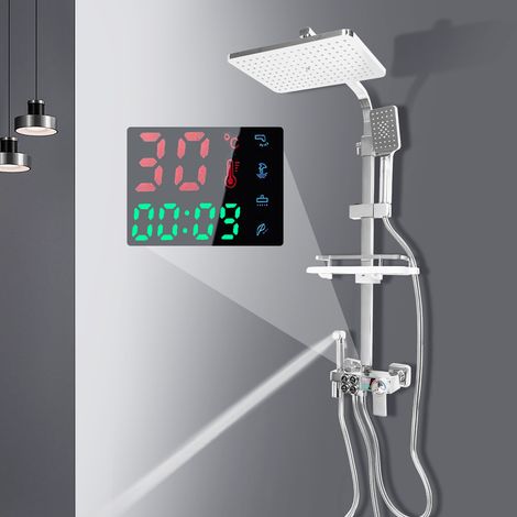 Kit de Robinet de Douche Complet avec Colonne de Douche et Piano Garniture de Douche Thermostatique Pour Salle de Bain avec Colonne Réglable 73-116cm, Avec écran LCD (1/5)