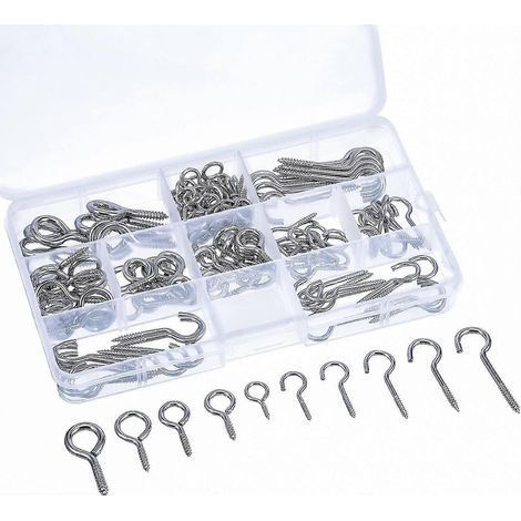 Kit de crochets et pitons à vis, assortiment de crochets de plafond, crochets à ventouse et boulons à œil, 150 pièces (argent) (1/5)