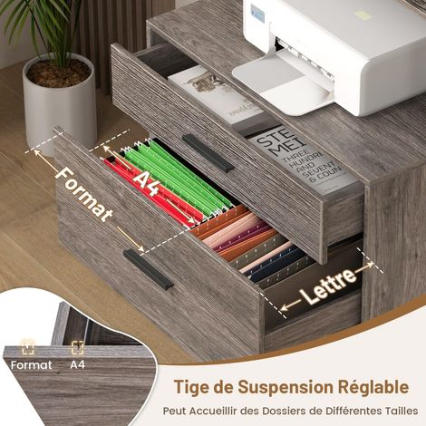 Meuble classeur gris rustique avec 3 étagères ouvertes, 2 tiroirs et station de recharge USB pour bureau, maison et atelier (1/5)