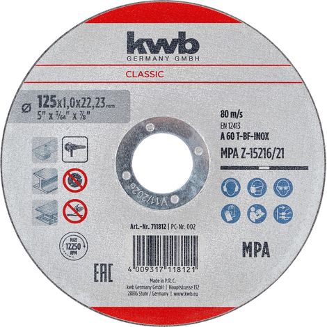 Disque à tronçonner 125 mm pour inox et acier (extra fin, 1,0 mm, coupes nettes, pour meuleuse d'angle)